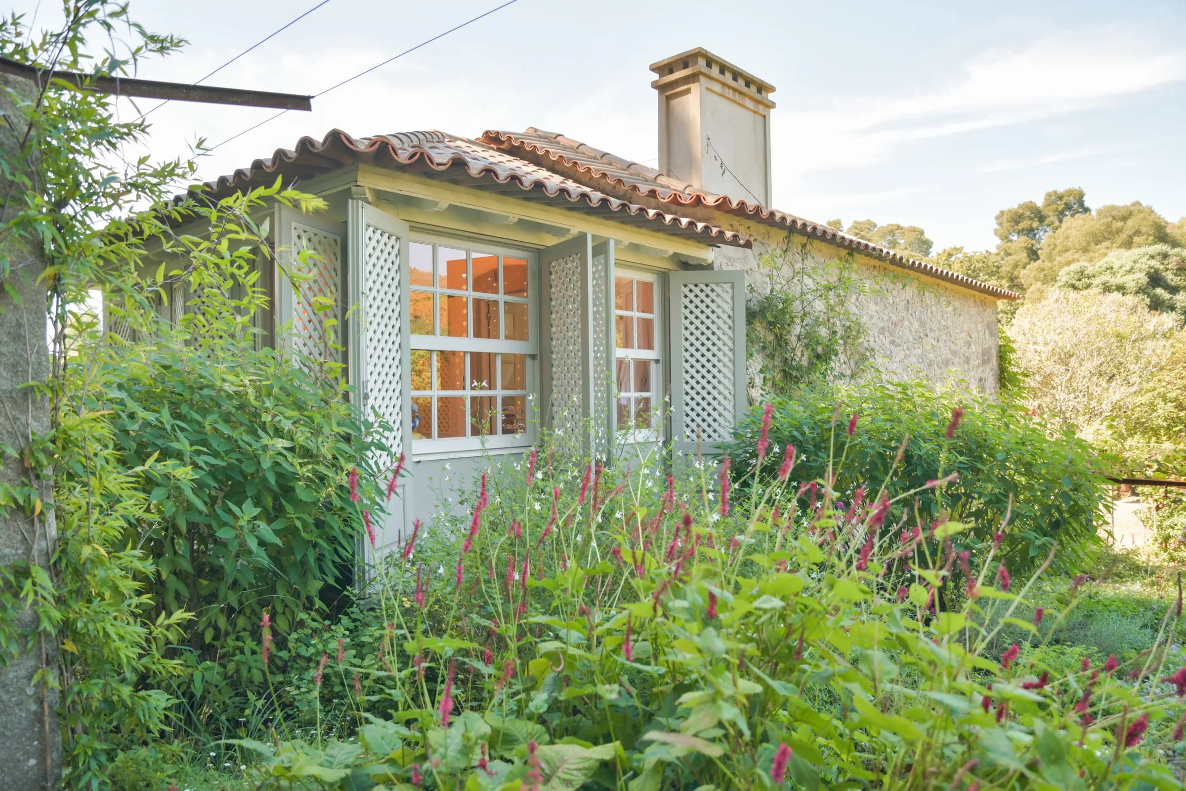 The Capucine cottage seen from the garden, wildflowers at its door