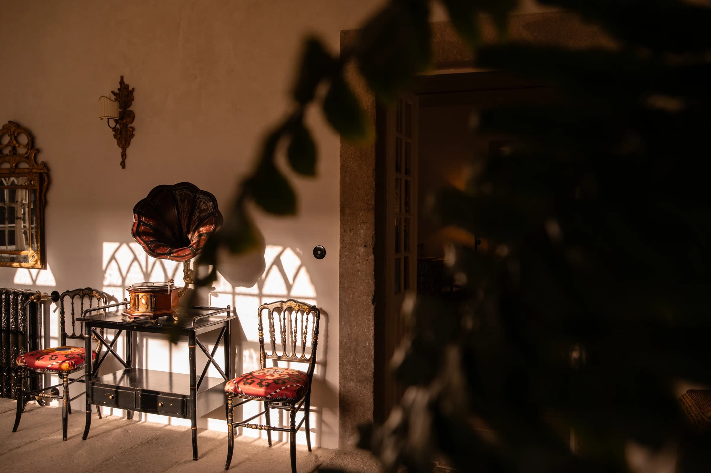 An antique gramophone on a lacquered table beneath dappled window light