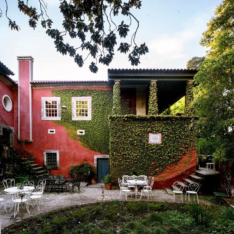 The patio below the ivy-clad red house, white ironwork tables set beneath the magnolia branches