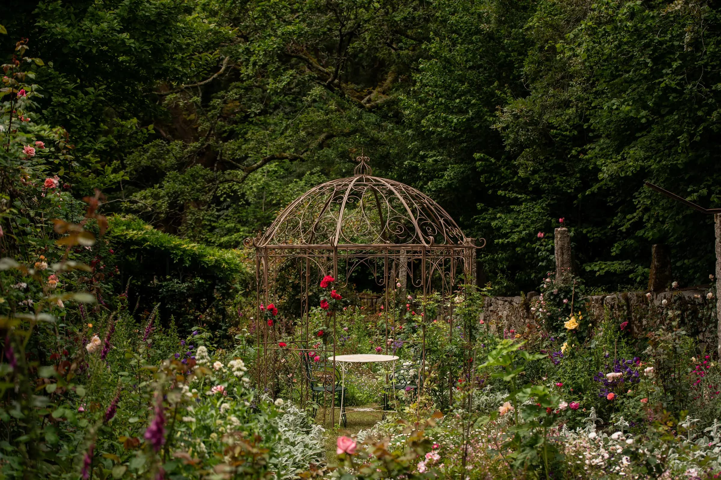 A wrought-iron gazebo at the heart of the rose garden, roses and foxgloves crowding the path to its table