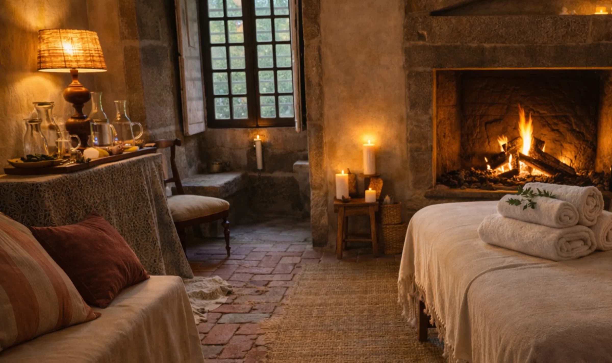 A stone treatment room lit by firelight, towels ready for a massage