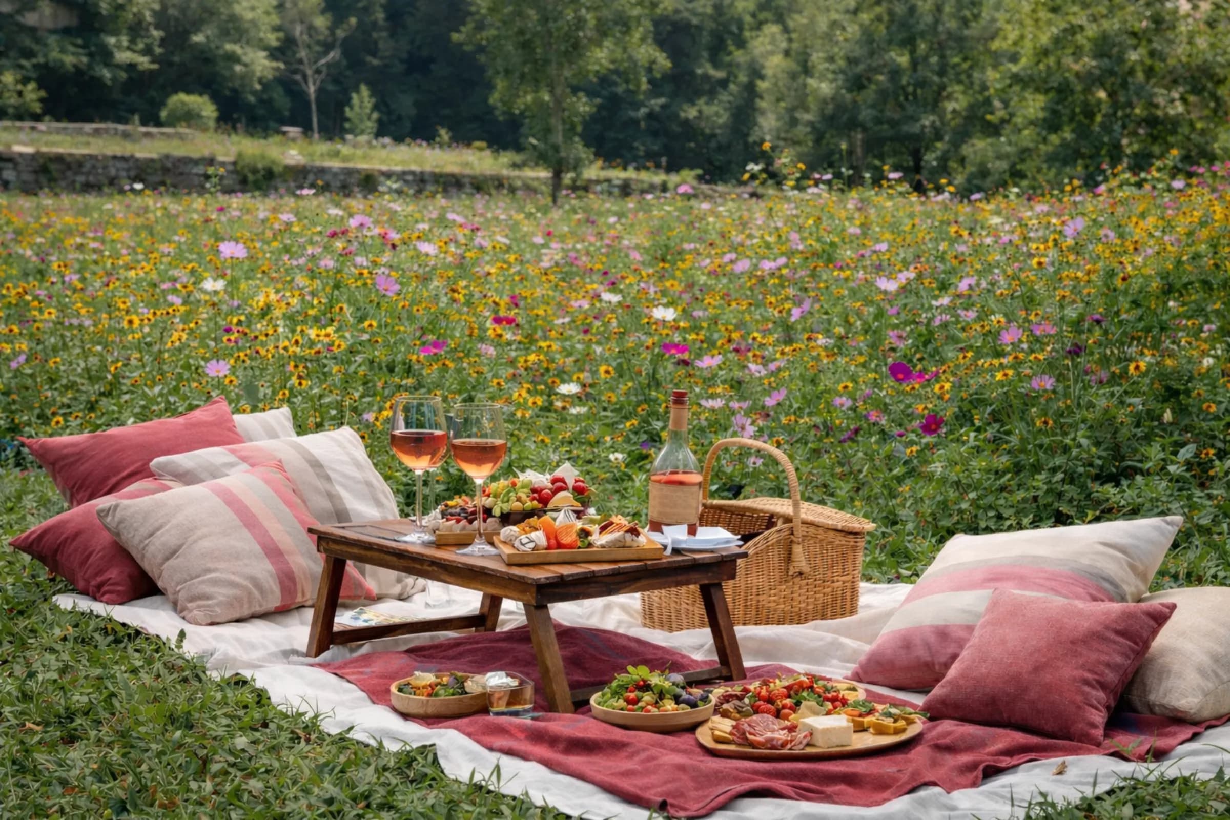 A picnic laid out beside the river on the estate's grounds