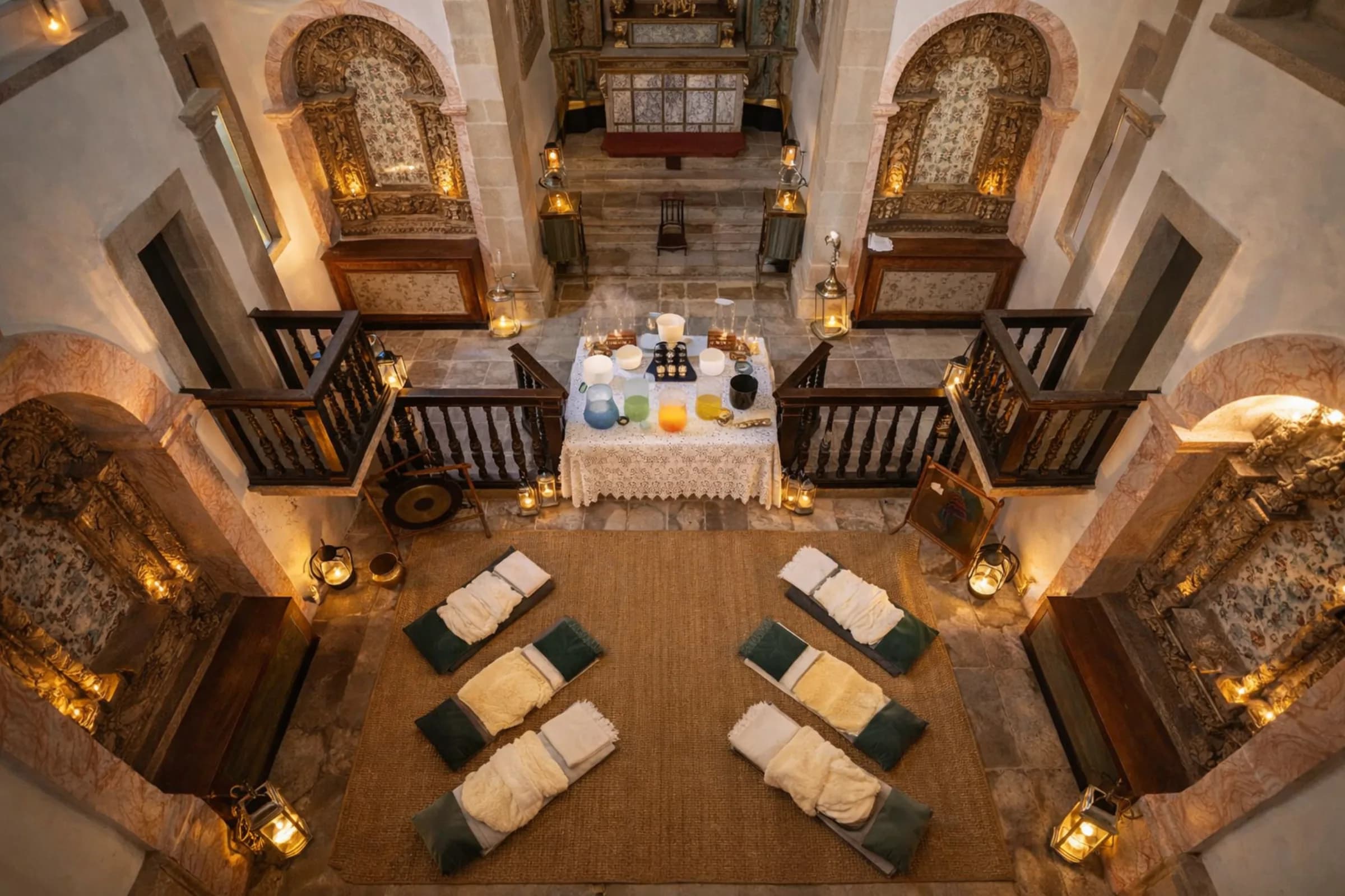 A sound bath in the historic church, singing bowls set on mats