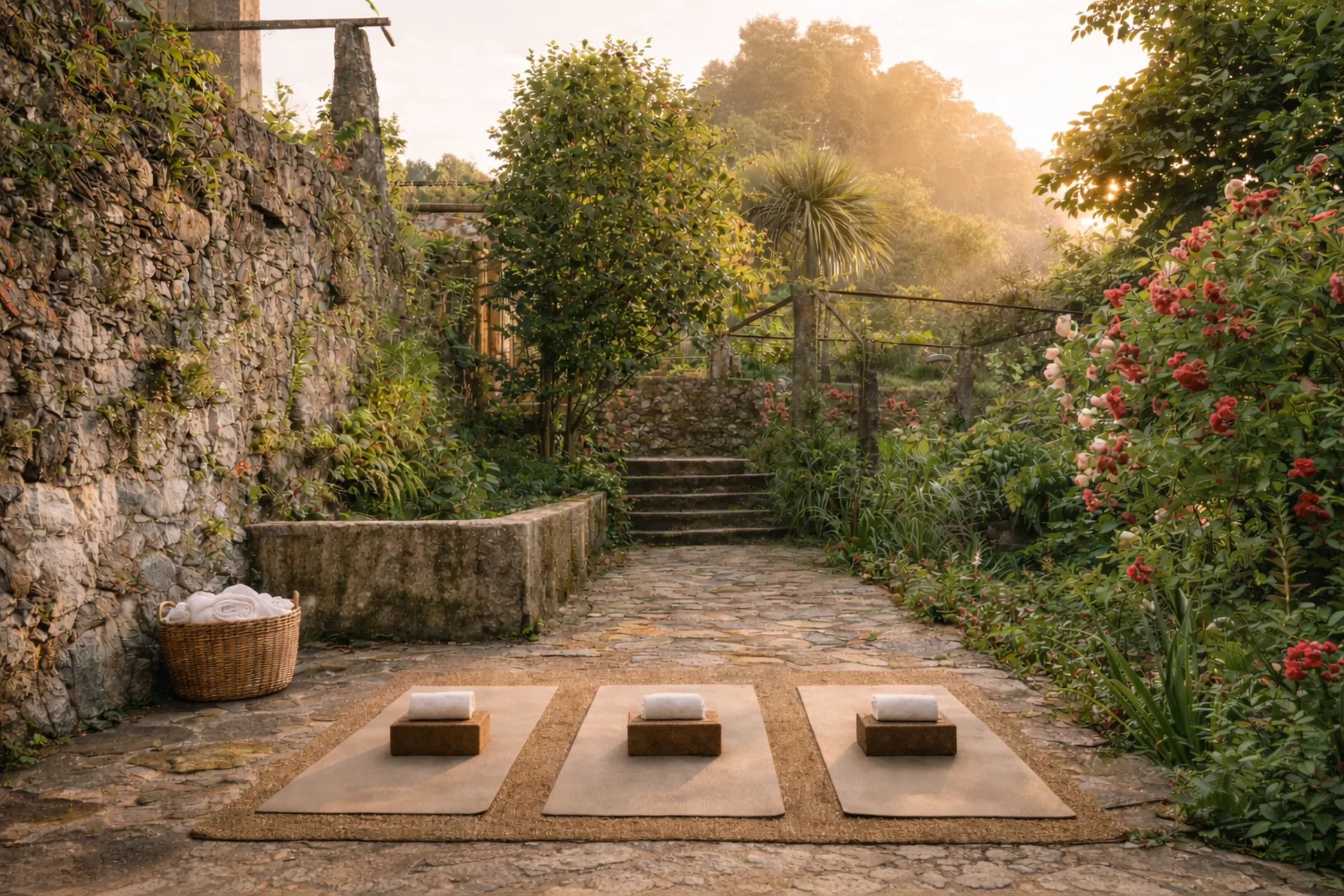 A morning yoga session in the rose garden